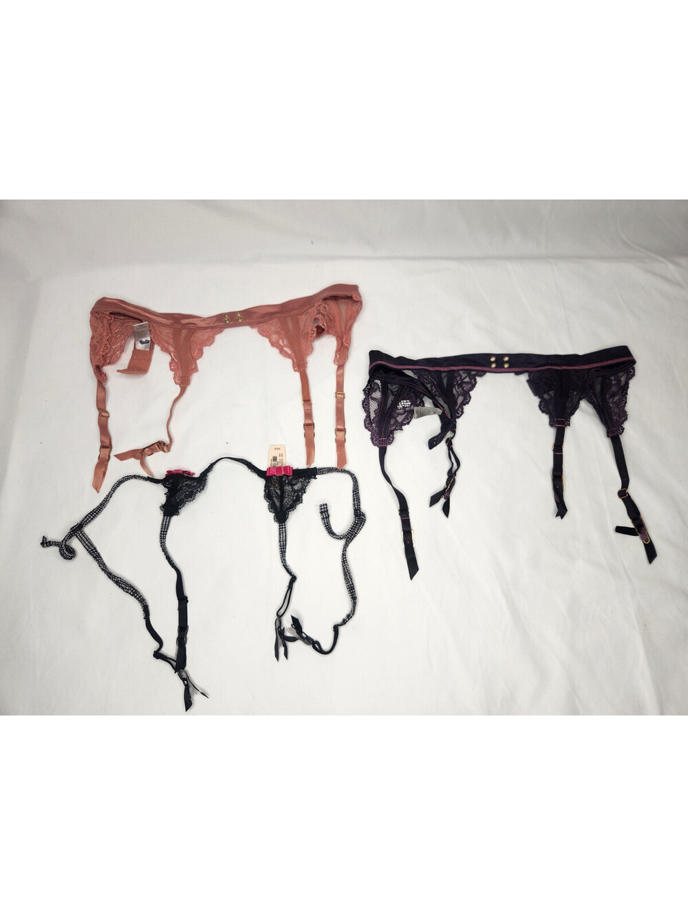 Lot of 3 Victoria's Secret Garter Belt Purple Black Peach Satin Lace Bow XS/S